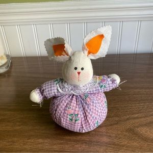 Handmade Easter Bunny “Pin Cushion” In a Purple Checked Floral Dress